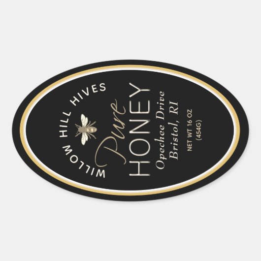 Zwarte Queenline honingetiket met bijen en honingr Ovale Sticker (Voorkant)