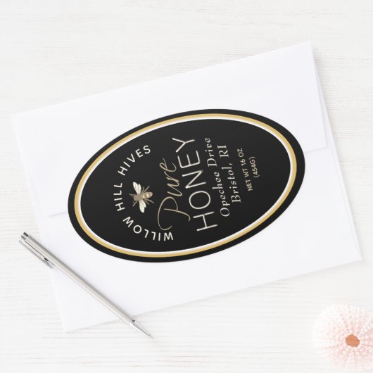 Zwarte Queenline honingetiket met bijen en honingr Ovale Sticker (Envelop)