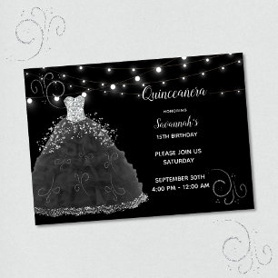 Zwarte Quinceanera-avondjurk met slingerlichtjes Kaart
