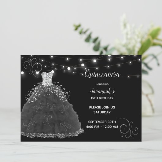 Zwarte Quinceanera Avondjurk String Lights Kaart (Staand voorkant)