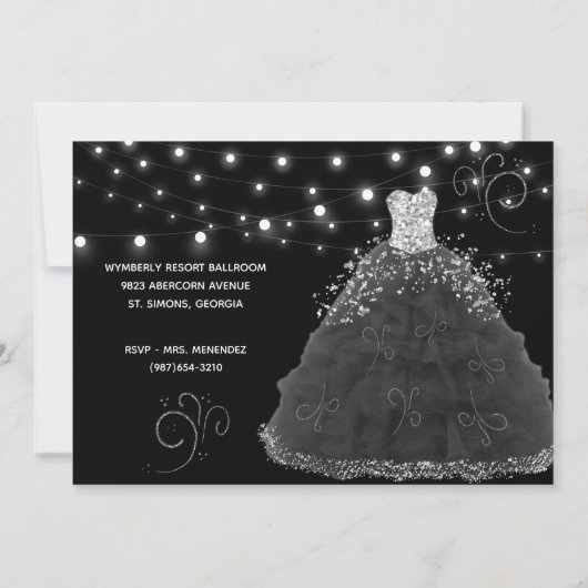 Zwarte Quinceanera Avondjurk String Lights Kaart (Achterkant)