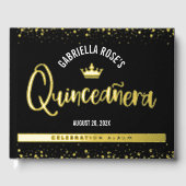 Zwarte Quinceañera Crown Script Vet Echt Gouden Fo Gastenboek (Voorkant)