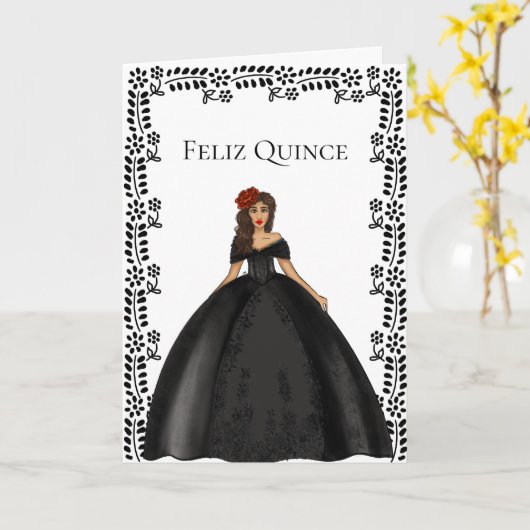 Zwarte Quinceañera Mode Illustratie verjaardag Kaart (Gele Bloem)