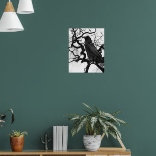 Zwarte Raaf in Boom Zwart en Wit Foto Poster