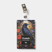 Zwarte Raaf met Bloemen Gotisch Ontwerp Badge (Achterkant met clip)