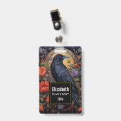 Zwarte Raaf met Bloemen Gotisch Ontwerp Badge (Voorzijde met clip)