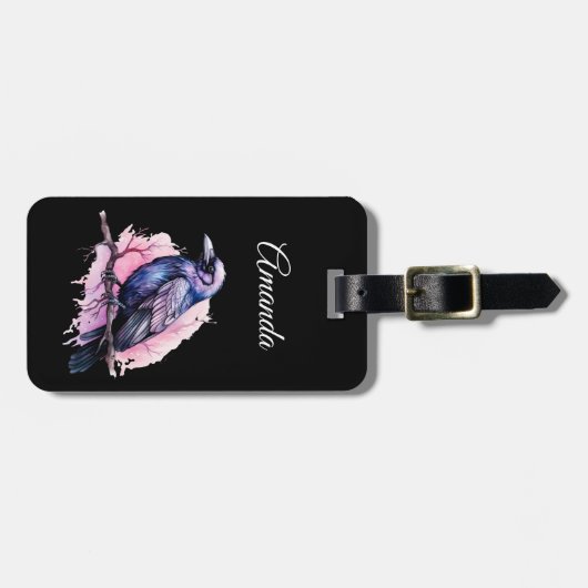 Zwarte raaf op een tak illustratie bagagelabel (Voorkant horizontaal)