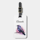 Zwarte raaf op een tak illustratie bagagelabel (Voorkant verticaal)