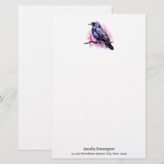 Zwarte raaf op een tak illustratie briefpapier (Voorkant / Achterkant)