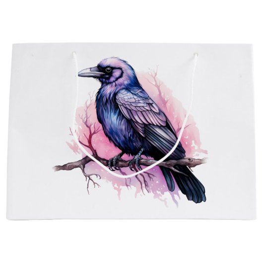 Zwarte raaf op een tak illustratie groot cadeauzakje (Voorkant)