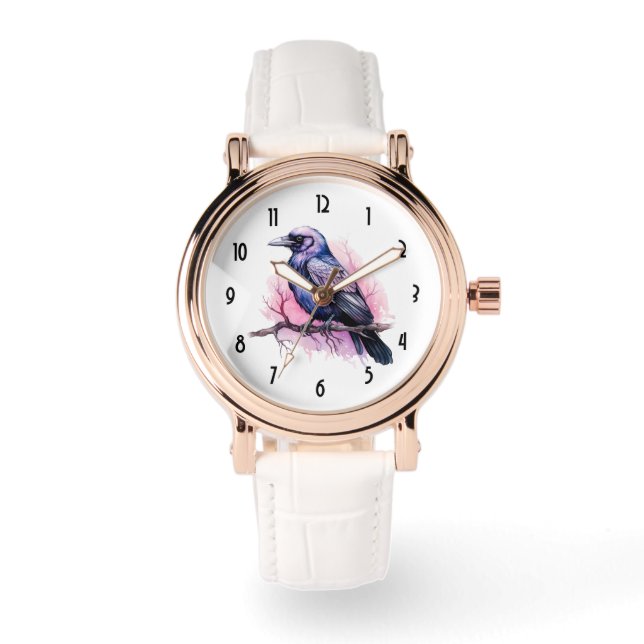 Zwarte raaf op een tak illustratie horloge (Voorkant)