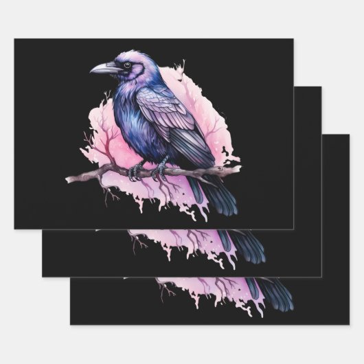 Zwarte raaf op een tak illustratie inpakpapier vel (Set)