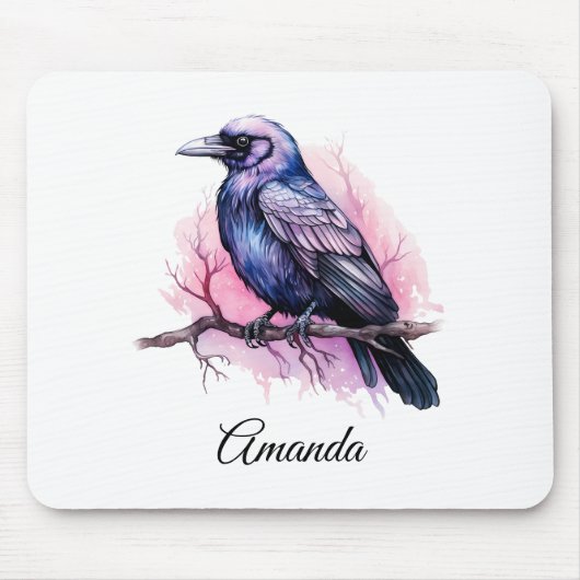 Zwarte raaf op een tak illustratie muismat (Voorkant)