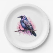 Zwarte raaf op een tak illustratie papieren bordje (Voorkant)