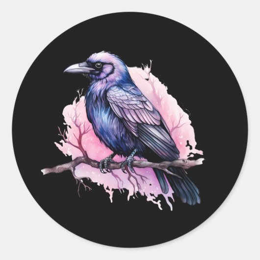 Zwarte raaf op een tak illustratie ronde sticker (Voorkant)