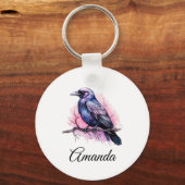 Zwarte raaf op een tak illustratie sleutelhanger (Voorkant)