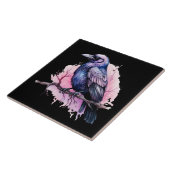 Zwarte raaf op een tak illustratie tegeltje (Zijkant)