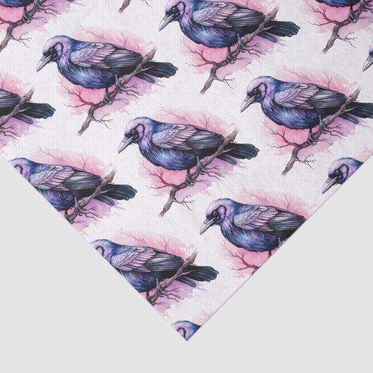 Zwarte raaf op een tak illustratiepatroon tissuepapier (Detail)