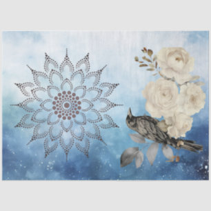 Zwarte Raaf Witte Bloemen Blauwe Achtergrond Tissuepapier