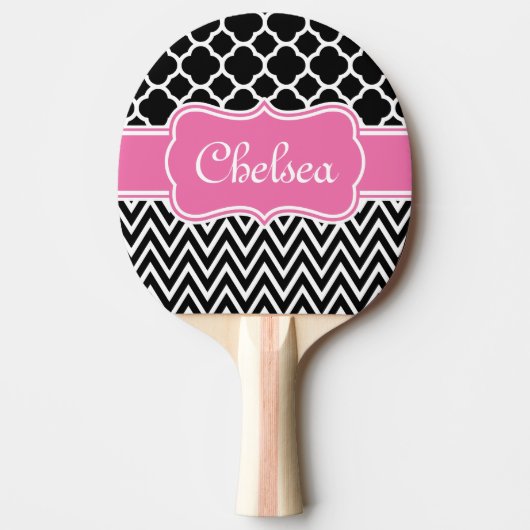 Zwarte raket / Chevron Pattern Roze naam Tafeltennisbatje (Voorkant)