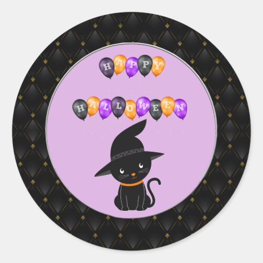 Zwarte-rand, kat Happy Halloween-ballonnen Ronde Sticker (Voorkant)