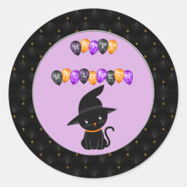 Zwarte-rand, kat Happy Halloween-ballonnen Ronde Sticker