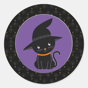 Zwarte-rand kat met heks Pet Halloween Ronde Sticker