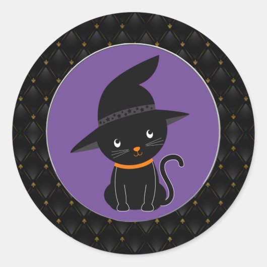 Zwarte-rand kat met heks Pet Halloween Ronde Sticker (Voorkant)