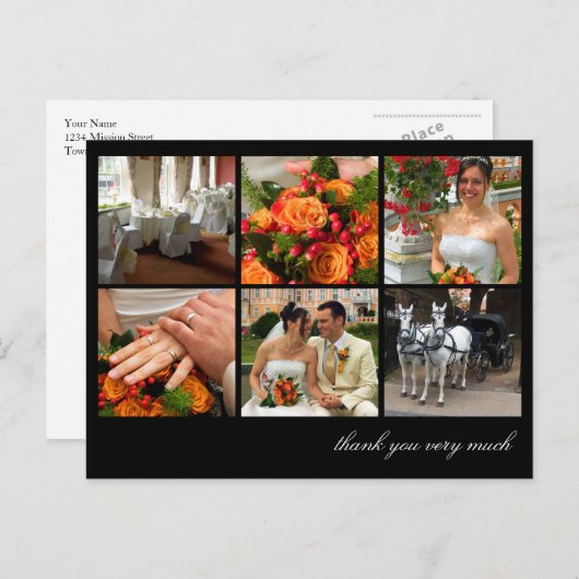 Zwarte raster collage 6 foto's herinneringen dank  briefkaart (Voorkant / Achterkant)