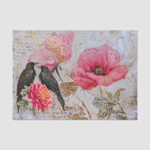 Zwarte raven & roze bloemen Vintage decoupage  Tissuepapier