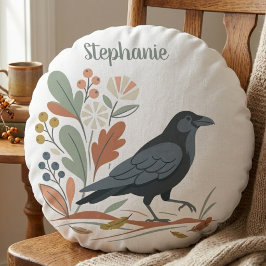 Zwarte Raven Vogel Botanische Herfst Rond Kussen