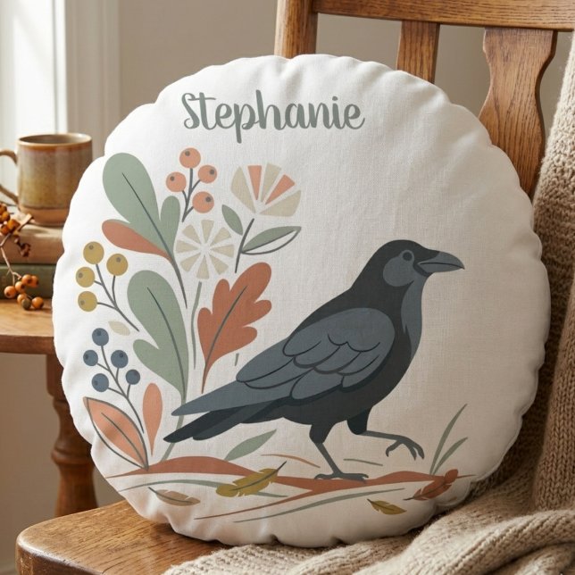 Zwarte Raven Vogel Botanische Herfst Rond Kussen (Black raven botanical round pillow)