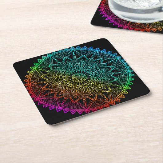 Zwarte Regenboog Mandala Kartonnen Onderzetters (Schuin)