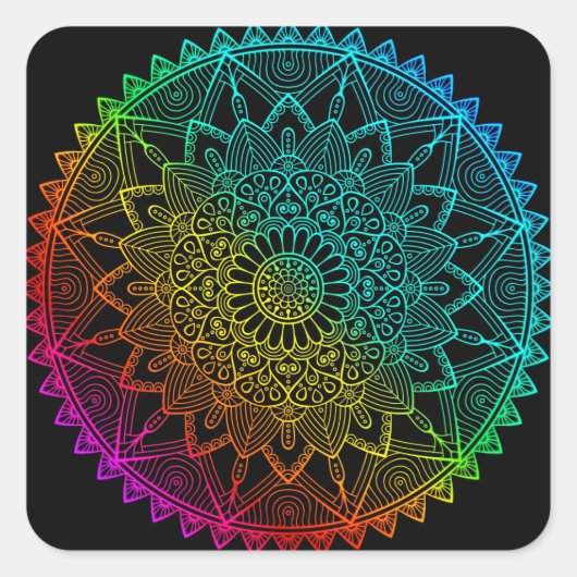 Zwarte Regenboog Mandala Vierkante Sticker (Voorkant)