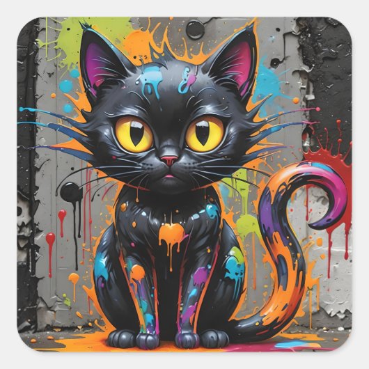 Zwarte Regenboog Spat Cat Vierkante Sticker (Voorkant)