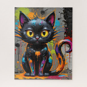 Zwarte Regenboog Splatter Kat Jigsaw Puzzel