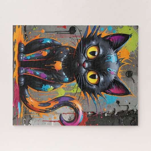 Zwarte Regenboog Splatter Kat Jigsaw Puzzel (Horizontaal)