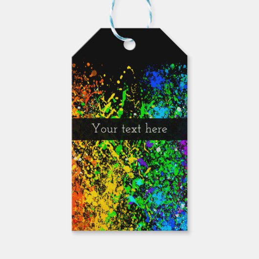 Zwarte regenboogkleur Verf Splatter Kleurig Cadeaulabel (Voorkant)