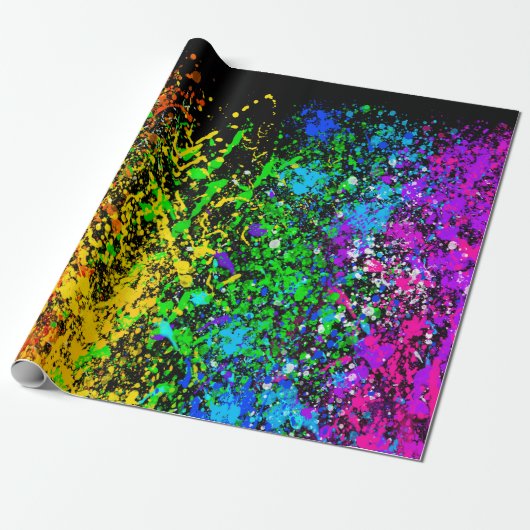 Zwarte regenboogkleur Verf Splatter Kleurig Cadeaupapier (Uitgerold)