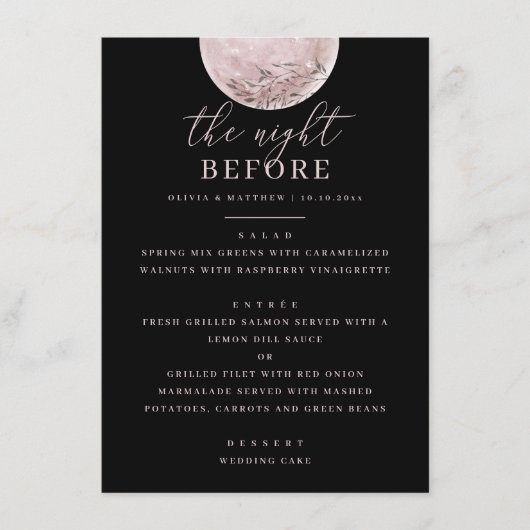 Zwarte repetitie diner | Zachte roze blush moon Menu (Voorkant)