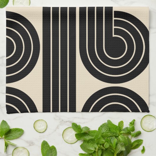 zwarte retro Abstracte lijnen Theedoek (Gevouwen)