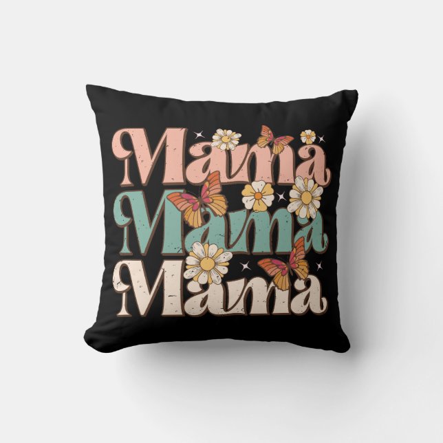 Zwarte Retro Bloem Vlinder Mama Typografie Kussen (Voorkant)