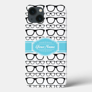 Zwarte Retro Geek Glasses Aqua Persoonlijke naam iPhone 13 Hoesje