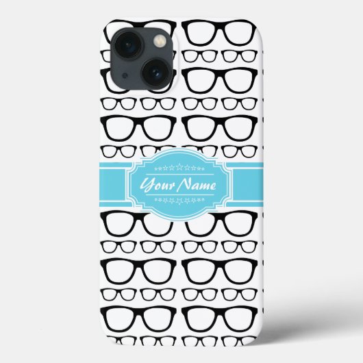 Zwarte Retro Geek Glasses Aqua Persoonlijke naam Case-Mate iPhone Case (Achterkant)