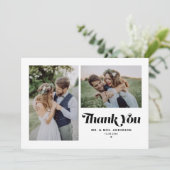 Zwarte Retro Kalligrafie Twee Foto's Huwelijk Bedankkaart (Staand voorkant)
