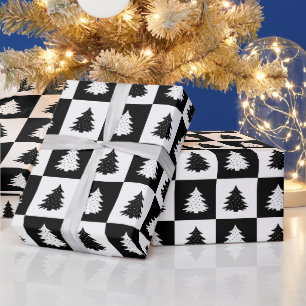 Zwarte Retro Kerstboom Zwarte tartan Plaid Cadeaupapier