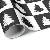Zwarte Retro Kerstboom Zwarte tartan Plaid Cadeaupapier (Rol Hoek)