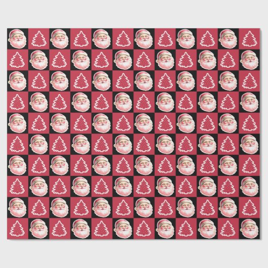 Zwarte Retro Santa Claus Kerstboom Plaid Cadeaupapier (Vlak)