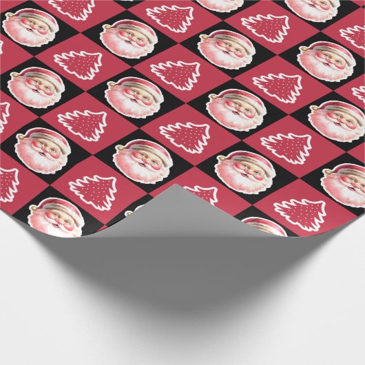Zwarte Retro Santa Claus Kerstboom Plaid Cadeaupapier (Hoek)