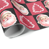 Zwarte Retro Santa Claus Kerstboom Plaid Cadeaupapier (Rol Hoek)